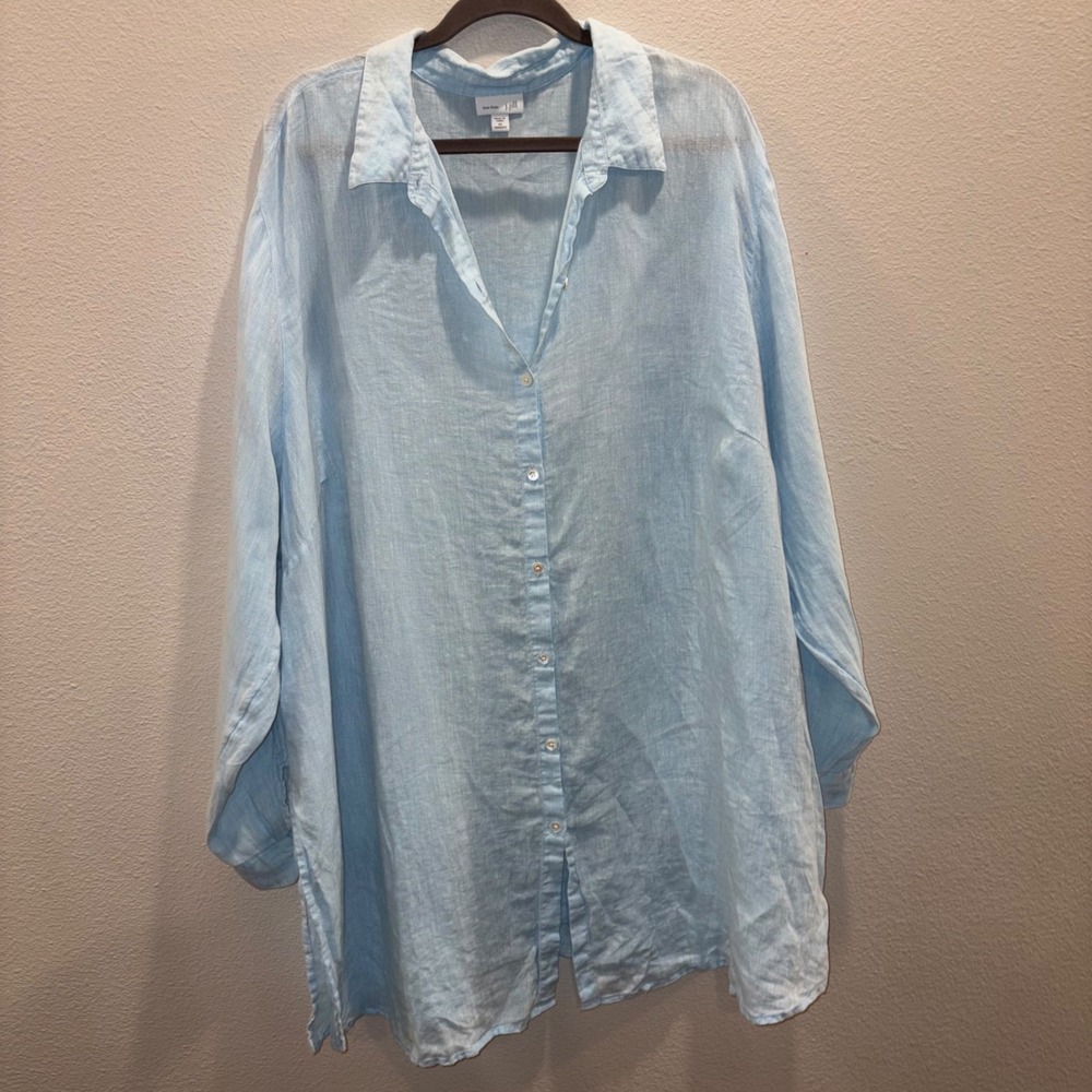 J. Jill Love Linen Light Blue Button Down Tunic Shirt Womens 4X Long Sleeve